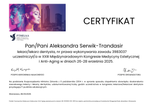 Cetryfikat uczestnictwa w XXIII Międzynarodowym Kongresie Medycyny Estetycznej i Anti-Aging w dniach 26-28 września 2025.