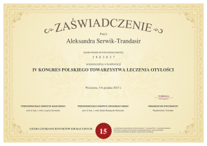 Zaświadczenie uczestnistwa w konferencji. IV kongres Polskiego Towarzystwa Leczenia Otyłości. Warszawa 5-6 grudnia 2025r.